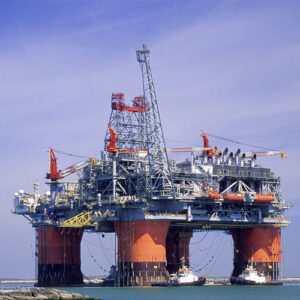 An oil platform on the ocean.