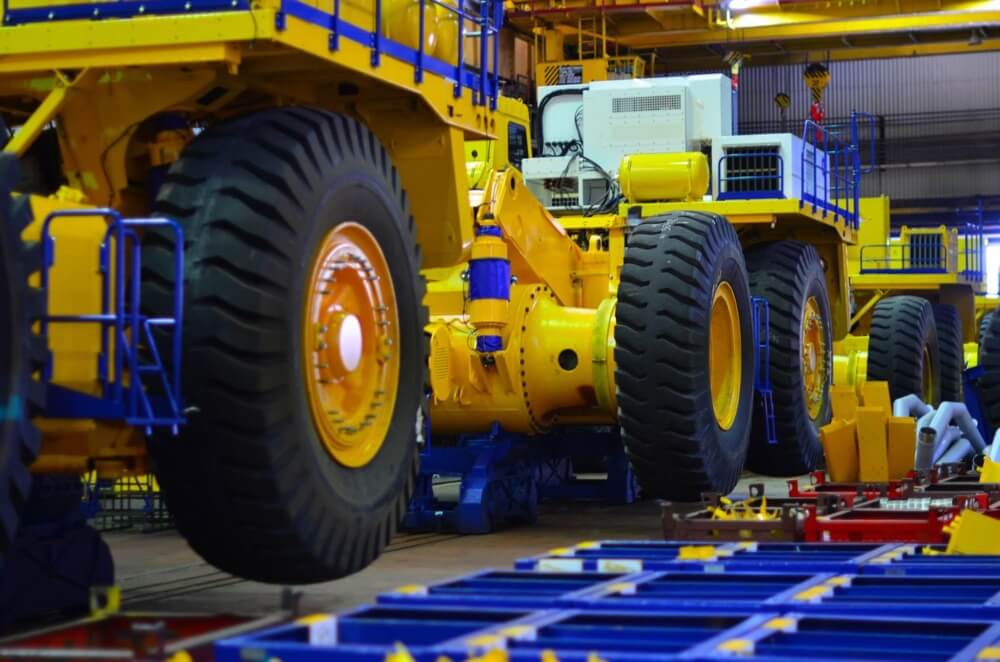 A production plant for assembling heavy-duty mining vehicles.