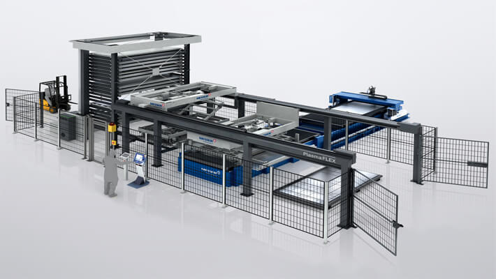 A PlasmaFLEX material handling system with full automation to support loading and unloading plasma cutting machines.
